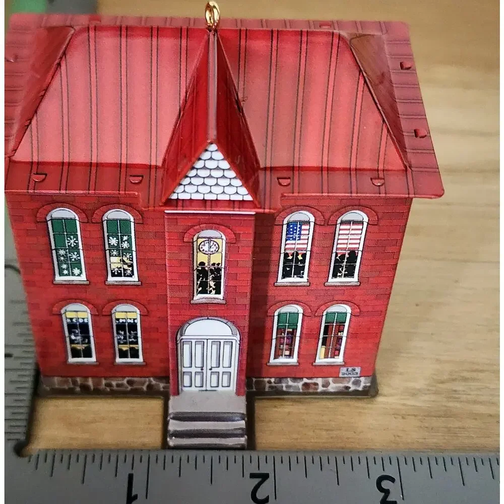 2003 Hallmark Schoolhouse and Flagpole Tin House Keepsake Ornament In Box